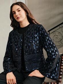 Anewsta Women's Elegant Velvet Embroidered Beaded Party Round Neck Flare Sleeve Jacket, Autumn - Navy Blue - View 7