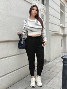 Rivivi 大码女式黑色弹力性感紧身裤，秋季时尚 - 黑色 - 查看 6