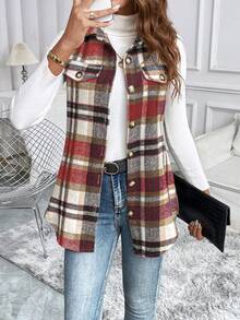 SHEIN PETITE Women's Thin Red & White Plaid Single-Breasted Casual Thin Vest Jacket - Multicolor - View 4