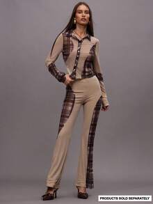 MUSERA Checkered Mesh Panel Spliced Fitted Flare Elasticated High Waist Trousers Only Autumn Fall  Night Out Going Out Streetwear Cute Back To School Sexy Summer - Multicolor - View 1