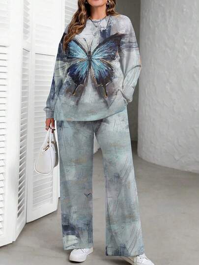 EMERY ROSE 大码女式蝴蝶印花圆领长袖T恤和阔腿裤休闲两件套，秋冬