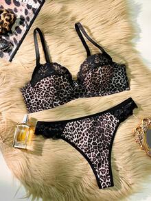 2 pièces Ensemble de sous-vêtements pour femmes avec imprimé léopard et armature