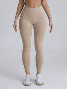 Easithlete 女士纯色高腰运动紧身裤，适合日常健身瑜伽裤 - 卡其色 - 查看 4
