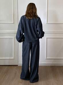 DAZY Women's Turndown Collar Long Sleeve Loose Shirt And Straight Leg Jeans Casual Suit - Dark Wash - View 4