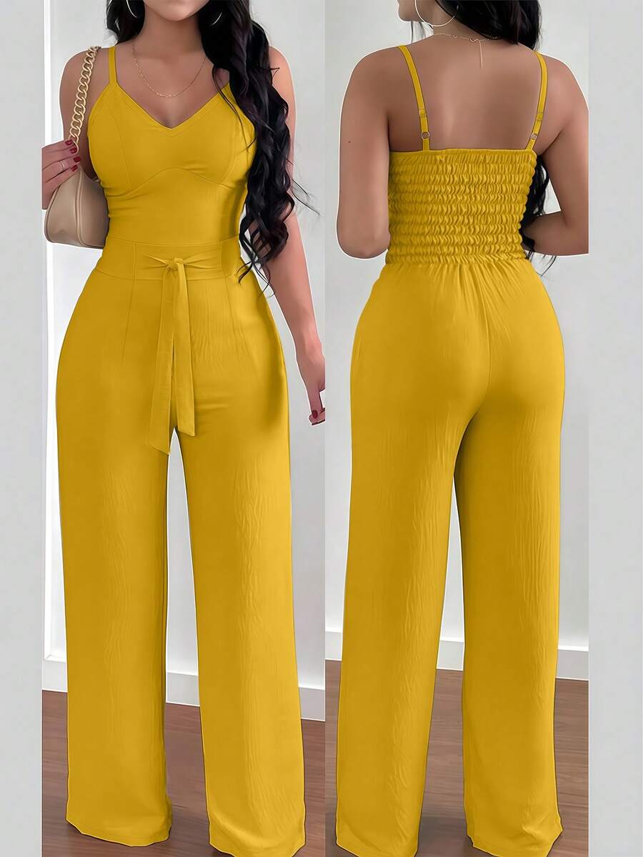 INAWLY Elegant Vacation Casual Strap Loose Straight Leg Women's Jumpsuit - Yellow - View 1