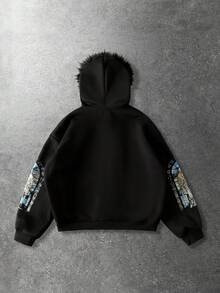 ROMWE MEN Goth Men's Fleece Collar Religious Letter Graphic Loose Zip-Up Hoodie Sweatshirt, Long Sleeve Top - Black - View 3