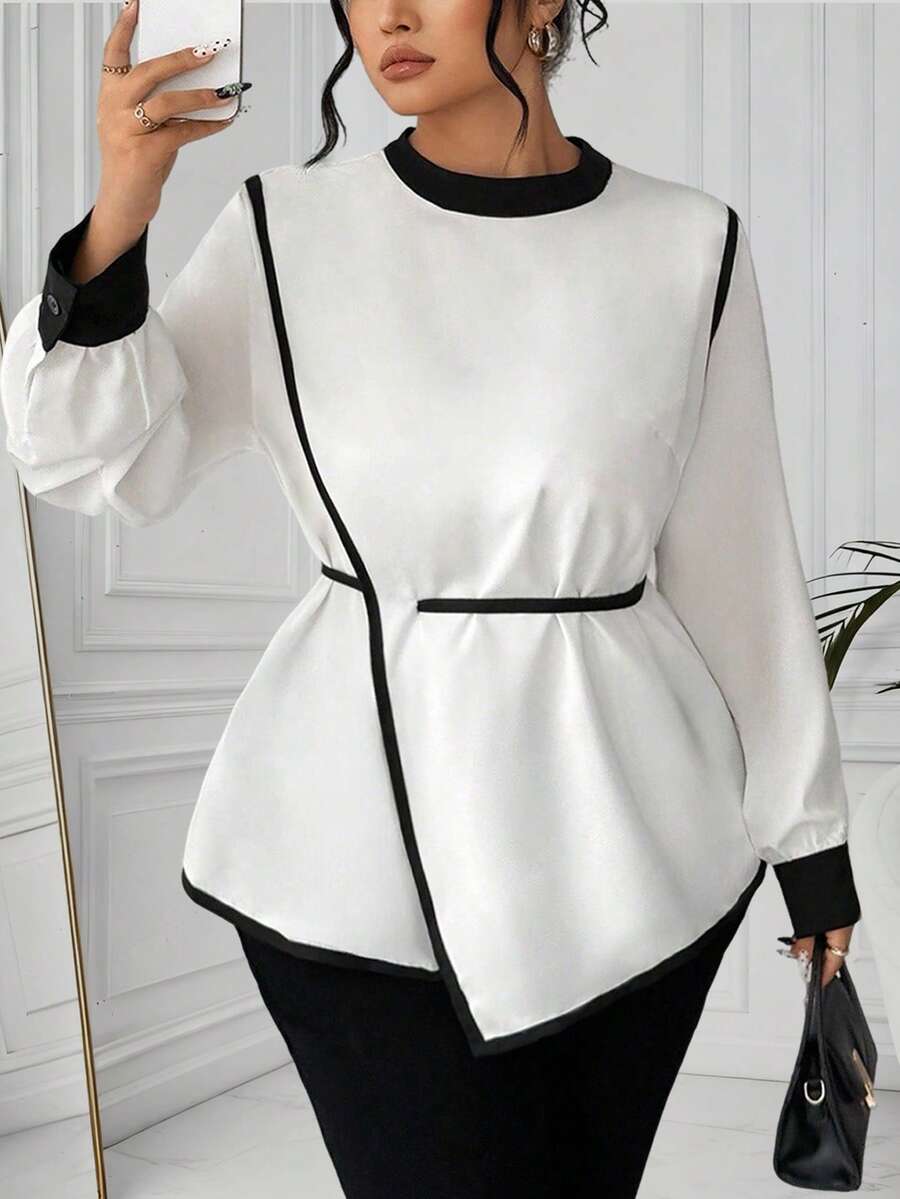 Elenzga بلوزة أنيقة متعددة الاستخدامات مناسبة للارتداء اليومي والحفلات، مقاسات كبيرة، من قماش منسوج بتصميم كتل لونية، ياقة دائرية، أكمام فضفاضة، خصر مربوط