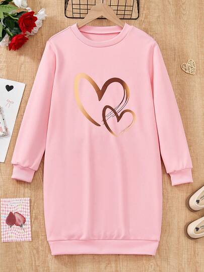 Sparklyn Girls' Casual Heart Print Round Neck Long Sweatshirt, Suitable For Autumn/Winter