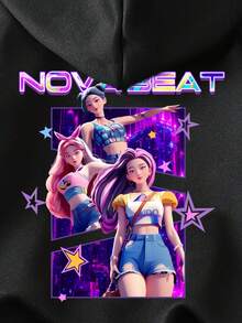 少女舒适秋冬休闲时尚创意个性清新简约酷炫虚拟少女团体角色闪光五角星标志标语印花舒适卫衣，适合秋冬季街头服饰、嘻哈运动服、动漫卫衣、Y2K风格。 - 黑色 - 查看 6