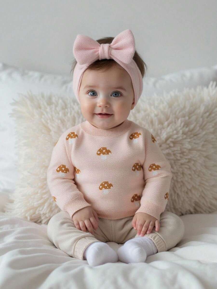 SHEIN 女婴圆领长袖针织毛衣,蘑菇图案卡通设计,可爱优雅,适合上学、居家、外出、旅行,适合秋冬季 - 彩色 - 查看 1