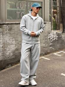 DAZY 秋冬厚款山峰图案印花连帽卫衣，街头风格男士连帽衫套装 - 灰色 - 查看 4