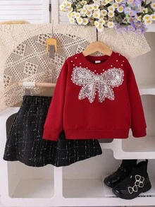 Elladie kids 年轻女孩秋冬优雅蝴蝶结、亮片和珍珠装饰长袖运动衫和迷你裙套装 - 酒紅色 - 查看 1