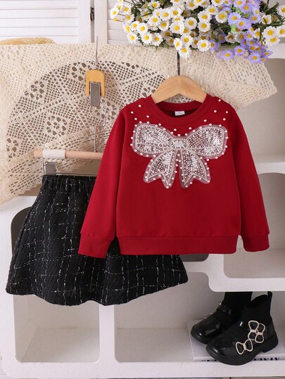 Elladie kids Young Girl Autumn/Winter Elegant Bow, Sequin & Pearl Embellished Long Sleeve Sweatshirt And Mini Skirt Set Girls Red And Plaid Sets Butterfly Outfits For Young Girls Red Skirts Sets Little Kids Girls Red Outfit 2 Piece Autumn And Winter Young Girls Dressse