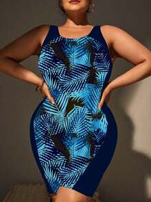 Swim SPRTY Women Plus Size Sleeveless Random Print Patchwork One Piece Swimsuit, Fashionable Sports Swimwear Vacation One-Piece For Summer - Multicolor - View 5