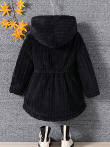 Elladie kids 1 件女童经典街头风连帽长袖毛绒夹克 - 黑色 - 查看 2