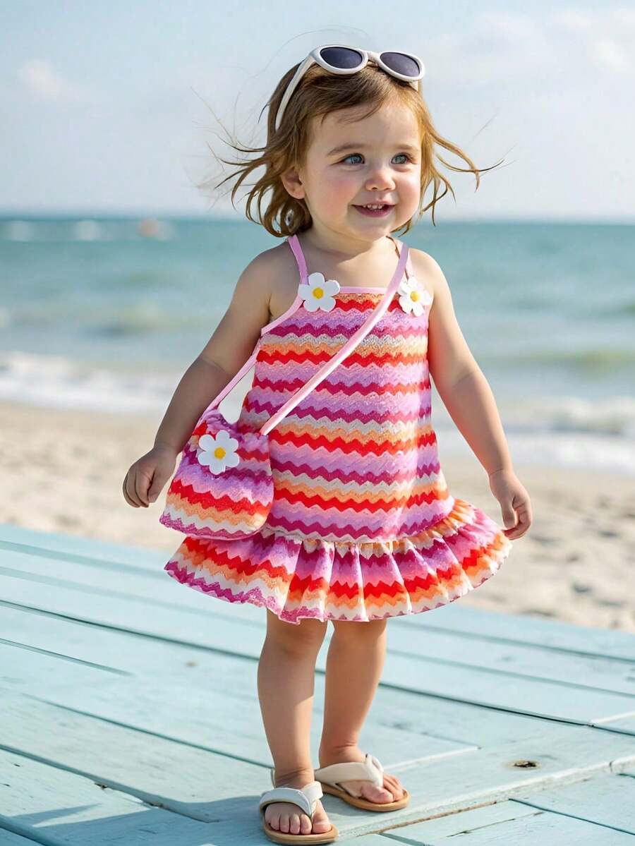 SHEIN Playful Pals Baby Girl Casual Fashion Floral Suspender Dress And Bag - Multicolor - View 1