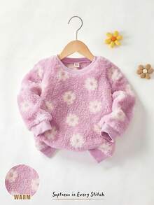 Cozy Pixies 加厚保暖套头卫衣，休闲日常舒适针织长袖圆领撞色花卉图案，适合年轻女孩秋冬季穿着。冬季年轻女孩儿童毛衣，女童抓绒毛衣，女孩秋季服装，冬季年轻女孩套装，保暖女童毛衣，女童秋冬服装。 - 淡紫色 - 查看 1