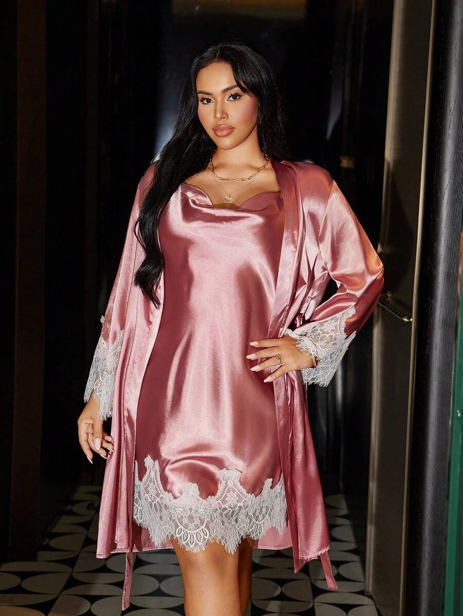 SilkySpell Elegante conjunto de camisola y bata de encaje, talla grande, rosa pálido, para otoño e invierno - Rosa vieja - Ver 1