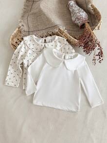 Vintaside Kids 3 件套女婴娃娃领花格子纯色长袖上衣，韩版休闲时尚可爱森系长袖 T 恤，适合春秋冬日常穿搭