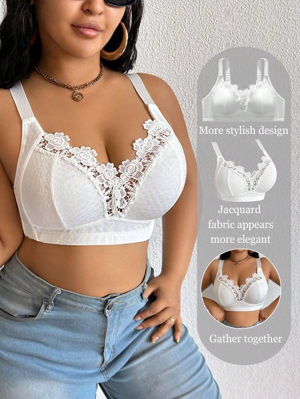 Sujetador inalámbrico de encaje con parches de unicolor elegante para tallas grandes