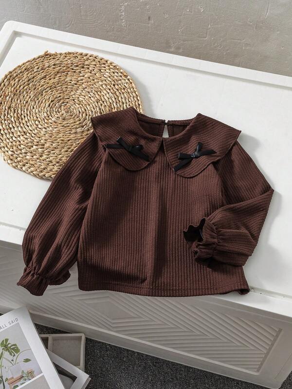 SHEIN Genkimix Kids Tricou cu mânecă lungă din material cu nervuri și guler din dantelă pentru fete, modă elegantă, casual, confortabilă, potrivită pentru primăvară, toamnă, iarnă