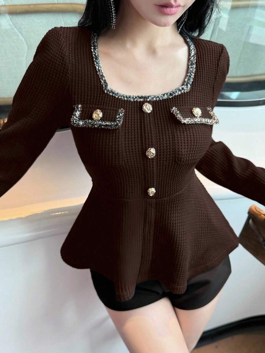 DAZY 女士蕾丝拼接修身方领长袖荷叶边下摆优雅上衣,秋冬款 - 咖啡棕 - 查看 1