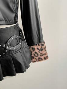 SHEIN Unity Áo khoác ngắn cổ bẻ họa tiết da báo bằng lông giả da PU màu đen dành cho nữ, thời trang Y, thích hợp mặc khi đi làm, đi làm, đi chơi, dạo phố, tiệc tùng, mặc hàng ngày, đa năng - màu đen - Xem 7