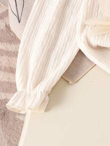 Sparklyn 2pcs Girls (Small) Apricot Chiffon Round Neck Long Sleeve Top T-Shirt & Pearl Button Floral Elegant Pants Set, Autumn - Apricot - View 3