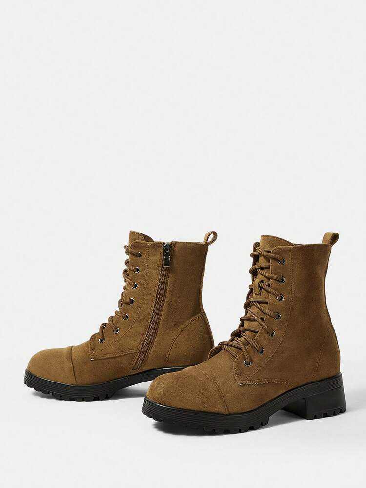 Styleloop Women's Fashion Lace-Up Thick Sole Ankle Boots, Retro Side Zipper Chelsea Boots With Chunky Heel, Suitable For Christmas, Halloween, Music Festivals, Autumn Boho Style - Coffee Brown - View 8