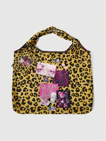 Anime Fashionable All-Over Heart & Music Note Pattern Large Capacity Foldable Tote Bag With Coin Purse, Portable Shopping Bag