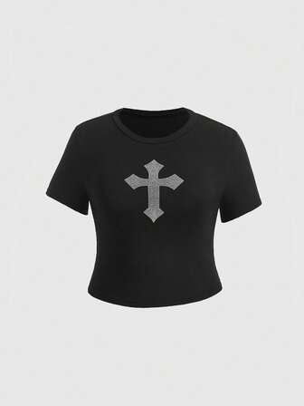 Grunge Punk Camiseta de manga corta casual de verano con aplicaciones de cristales en talla grande