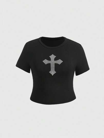 Grunge Punk Plus Size Summer Casual Cross Rhinestone Embellished Short Sleeve T-Shirt