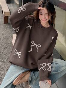 DAZY Sweater Pullover Kasual Wanita Model Longgar dengan Kerah Bulat dan Hiasan Pita - Coffee Brown - View 4