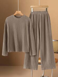 Rusticease Women's Casual Solid Color Top And Pants 2 Pieces Set - Apricot - View 3