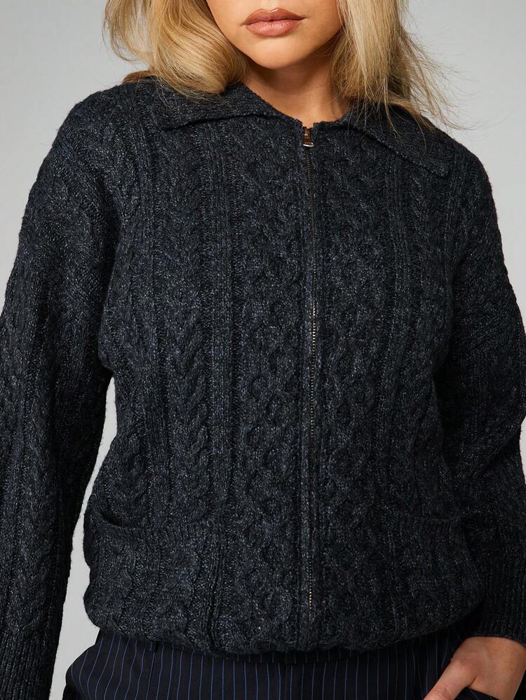 MISSGUIDED Cable Knit Zip Front Cardigan With Ribbed Collar And Cuffs For Fall Winter