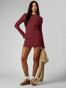 MISSGUIDED Ribbed Knit Long Sleeve Bodycon Mini Dress Off Shoulder Fall Winter Sweater Dress Christmas - Burgundy - View 6