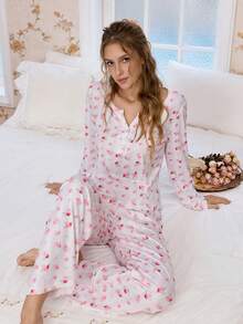 CottageSlumber 碎花圆领半拉链长袖上衣和裤子睡衣套装，女士秋冬装 - 粉色 - 查看 2