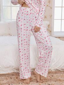 CottageSlumber 碎花圆领半拉链长袖上衣和裤子睡衣套装，女士秋冬装 - 粉色 - 查看 8