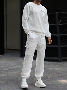 Manfinity CasualCool Men's Jacquard Multi-Pocket Casual Crew Neck Long Sleeve Sweatshirt And Pants Set, Fall Clothes - White - View 5