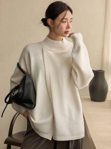 Dazy-Less Women's Loose Business Casual Asymmetric Collar Pullover Sweater, Basic Solid Color Minimalist Design, Suitable For Autumn And Winter - Beige - View 6