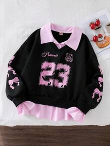 Elladie kids 1 Áo nỉ in họa tiết hoạt hình tương phản cho bé gái tuổi teen, thiết kế chắp vá, áo sọc cổ tròn phong cách sinh viên, thích hợp cho du lịch, đi học, đi chơi, trẻ em Áo nỉ họa tiết công chúa Kpop phong cách đua xe Áo nỉ E Girl Y2K - Hồng - Xem 7