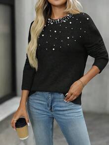 EMERY ROSE Women's Knitted Beaded Round Neck Long Sleeve Pullover Sweater, Fashionable & Versatile In Fall/Winter,Black Sweater,Fall,Fall Clothes For Women - Black - View 6