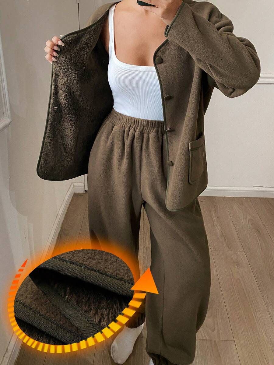 DAZY Women's Simple Plush Fluffy Cozy Pajama Set, Winter - Green - View 1