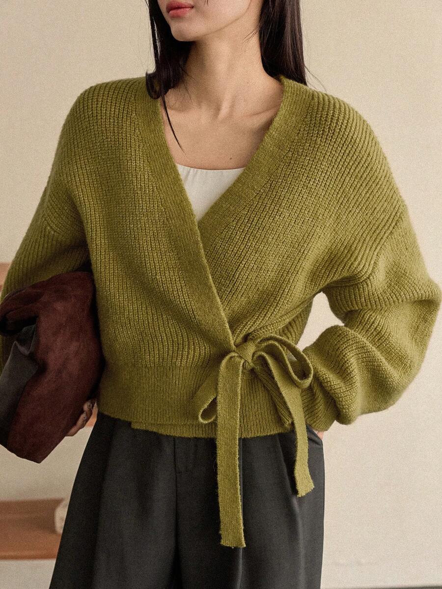 Dazy-Less Women's Elegant Cardigan Sweater, Casual Business Style With Oblique Placket And Waist Cinching, Suitable For Autumn And Winter - Green - View 1