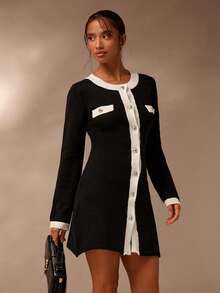 SHEIN Glamour SHEIN Spring And Summer Elegant Autumn New Single-Piece Knitted Black 
And White Long-Sleeved Round-Neck Mid-Length Women's Party Cardigan New Year Dress - Black and White - View 6