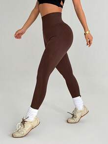 Dewbera Women's Solid Color High Waist Everyday Fitness Leggings Brown Compression Leggings Brown Workout Set - Brown - View 4