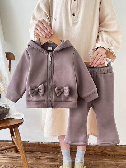 SHEIN Baby Girl 2pcs/Set Fall Outfits For Girl Casual Daily Style Solid Color Suit,Thin Fabric Long Sleeves Bowknot Decoration Hooded Coat&Long Simple Pants
