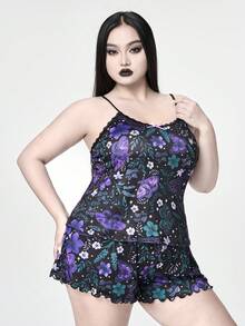 ROMWE Plus Size Gothic Dark Moth, Plant, Butterfly, Floral Full Print Lace Bow Camisole & Shorts Pajama Set - Black - View 6