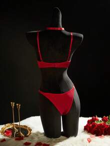 SpicyHot 4pcs/Set Women's Christmas Hollow Out Jingle Bell Pasties + Sexy Lingerie + Panties - Burgundy - View 2