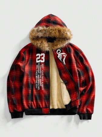 Friday the 13th X ROMWE Chaqueta de punto térmica con capucha, estampado de cuadros y letras, casual para hombre, otoño